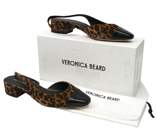 🔥NEW Veronica Beard Cecile Mixed Leather Slingback Ballerina Flats, Leopard 9US