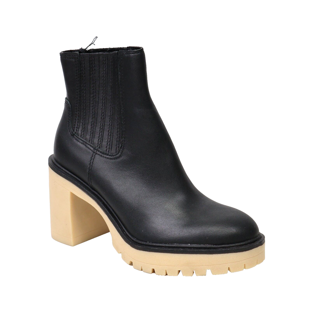 Dolce Vita Caster H2O Waterproof Lug Sole Heeled Ankle Boot, Black Leather 7.5US