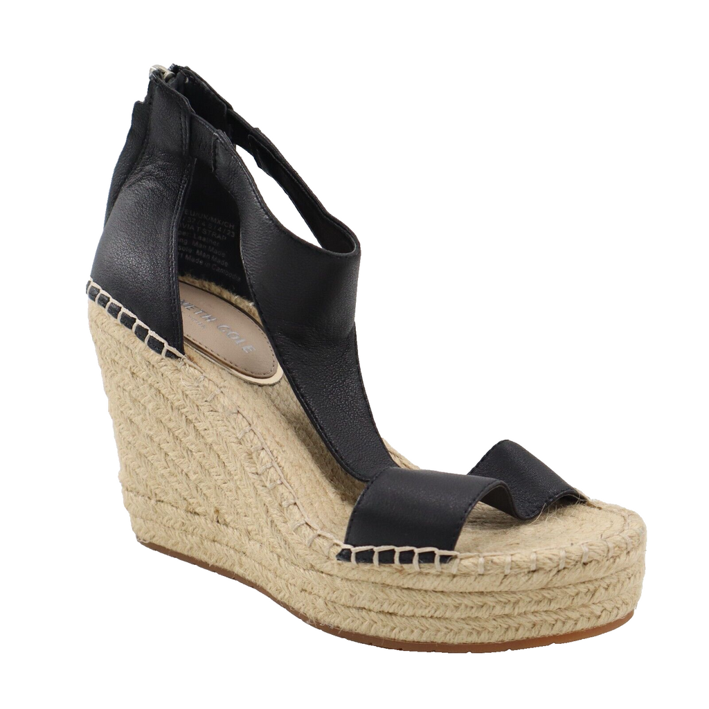 🔥NEW KENNETH COLE Olivia T-Strap Espadrille Sandals, Black Leather 6.5US/37EU🔥