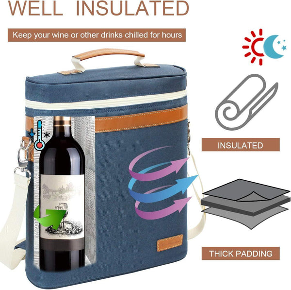 🔥ZORMY 3 Bottle Insulated Wine Tote Cooler Bag Portable Wine Carrier, Navy Blue