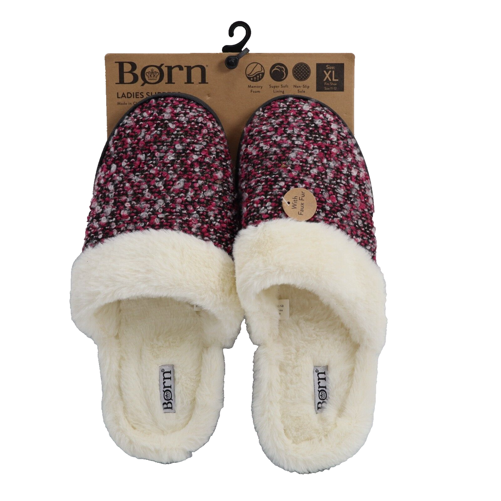 🔥NEW Born Ladies Faux Fur & Tweed Slides/Slippers, Burgundy, XL 11-12 SHIPS NOW