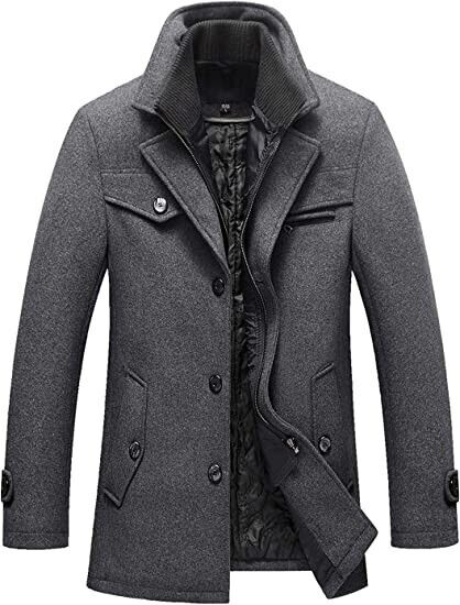 chouyatou Men's Gentle Layered Collar Single Breasted Quilted Wool Blend Gray M