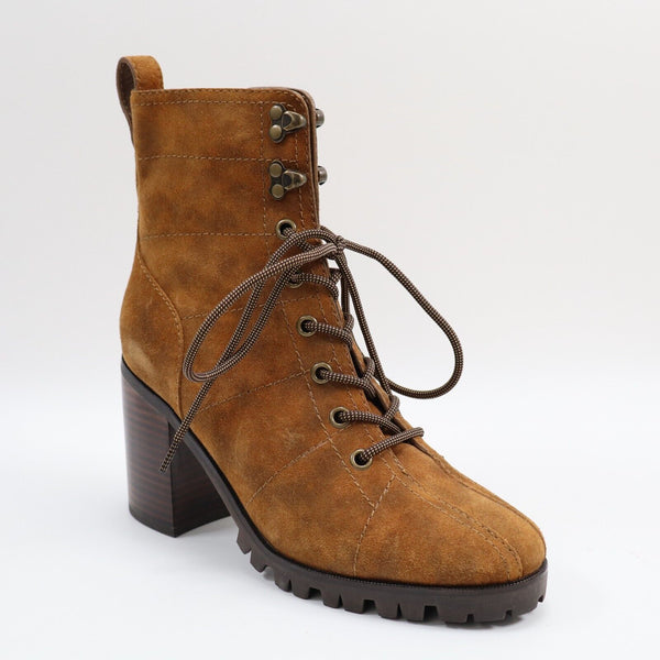 🔥Paige Christie Suede Ankle Heeled Combat Boots, Caramel Brown, 7US, MSRP$398🔥