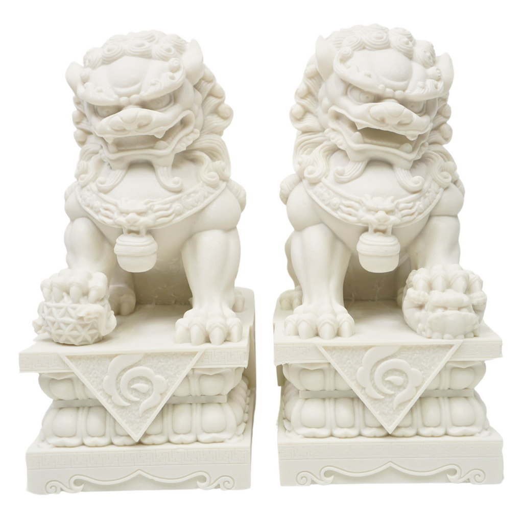 2 pcs White Marble Carved Fengshui Foo Fu Lion Beast Wealth Door God Statue Pair