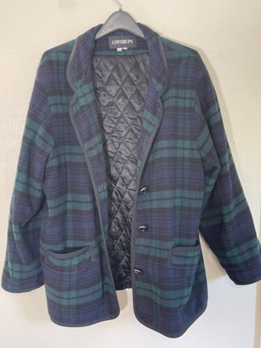 🔥VINTAGE COVERUPS Plaid Wool Flannel Coat Jacket Green Blue Size L MADE IN USA