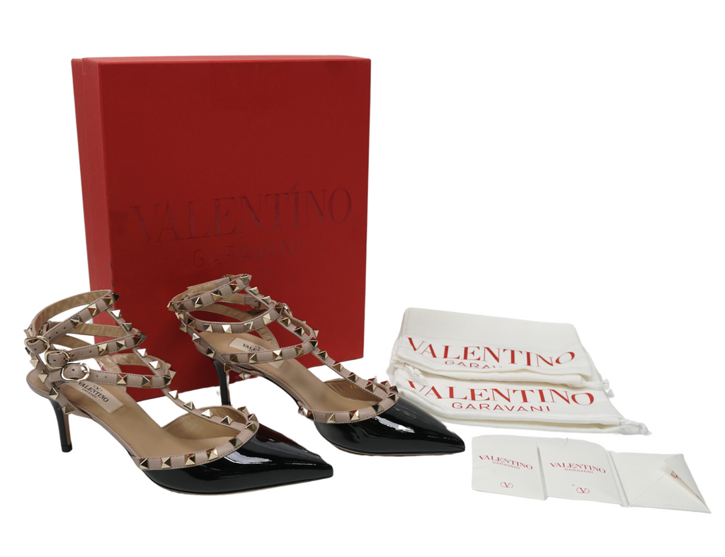 Valentino Garavani Rockstud Strappy Pointed Toe Pump, N91 Nero/Poudre, 8US/38EU