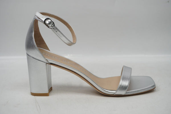 Stuart Weitzman Womens Silver Nudistcurve Block Heel Sandal Shoes 10US MSRP $495