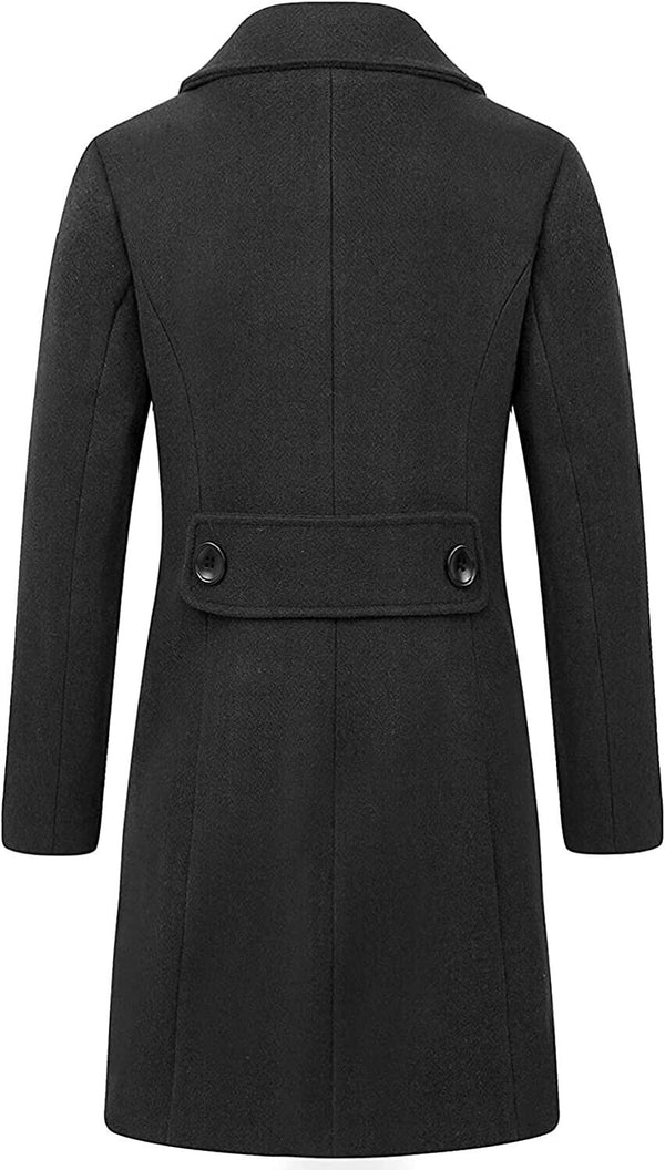 chouyatou Women Elegant Notched Collar Double Breasted Wool Blend Coat Black XS