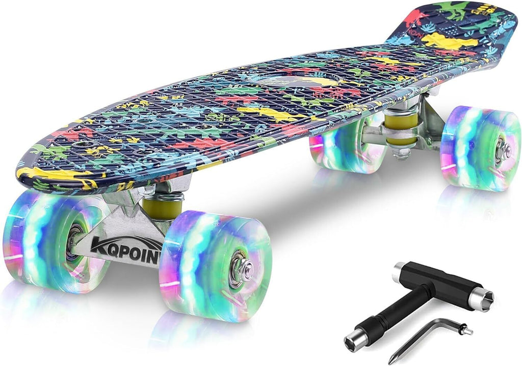 🔥22" Mini Cruiser Skateboard for Kids with Colorful Flashing Wheels, DINOSAUR🔥