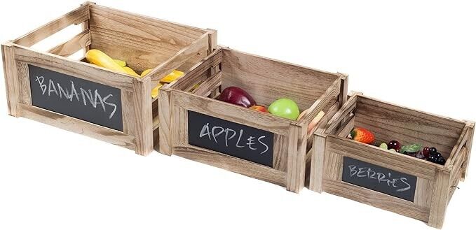 Red Co. Natural Wood Chalkboard Front Produce Crate Box - Set of 3 New