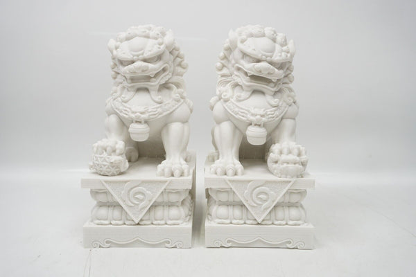 2 pcs White Marble Carved Fengshui Foo Fu Lion Beast Wealth Door God Statue Pair