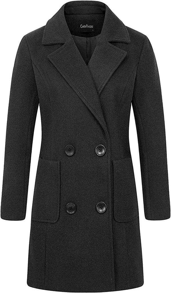 chouyatou Women Elegant Notched Collar Double Breasted Wool Blend Coat Black XS