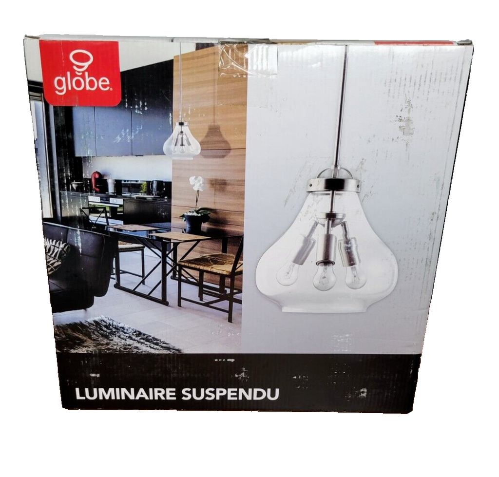 Globe Electric 65113 3-Light Pendant with Clear Glass Shade 12" Brushed Steel...