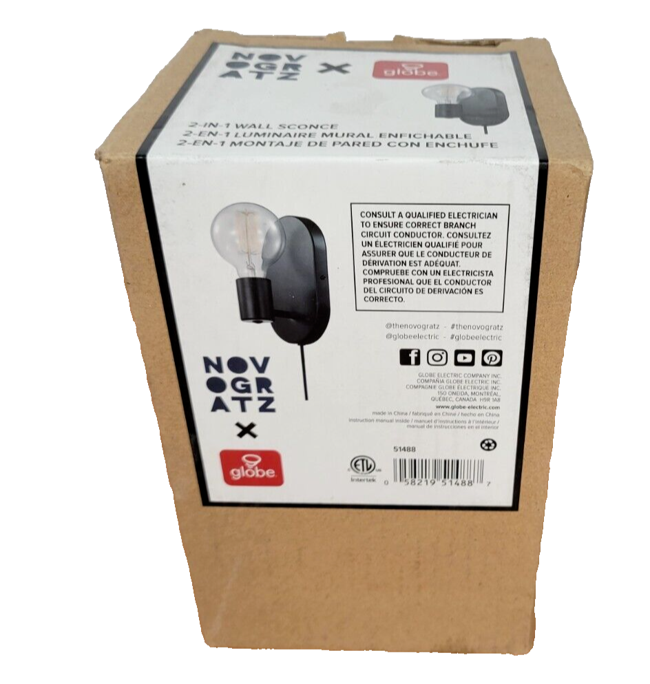 Novogratz x Globe Electric Linus 1-Light Wall Sconce Black Plug-in/Hardwire