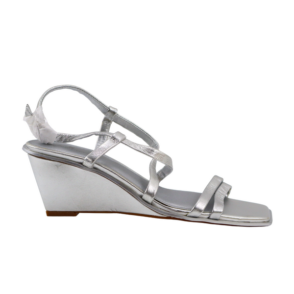 🔥NEW Caslon Paola Open Square Toe Wedge Sandals, Silver Leather 7.5US SHIPS NOW