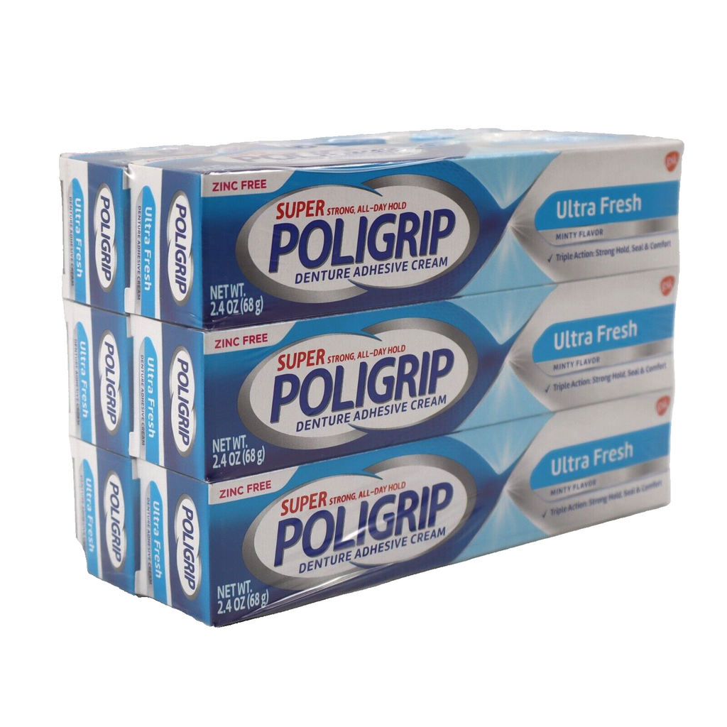 6 PACK Super Poligrip Zinc Free Denture Adhesive Cream Ultra Fresh 2.4oz EXP5/26