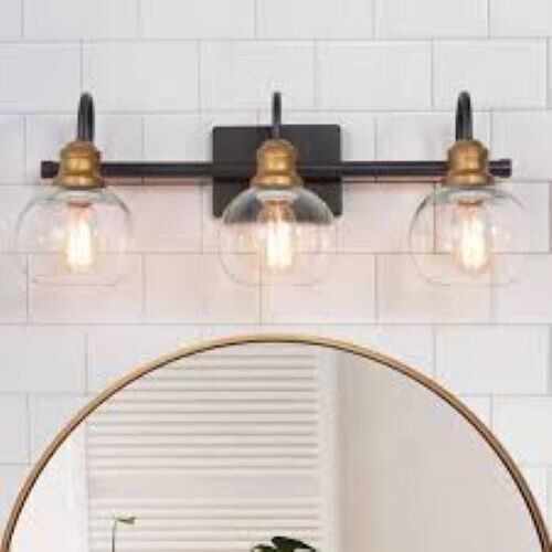 22 in. 3-Light Modern Aged Brass and Black Bathroom Vanity Light with Clear Glas