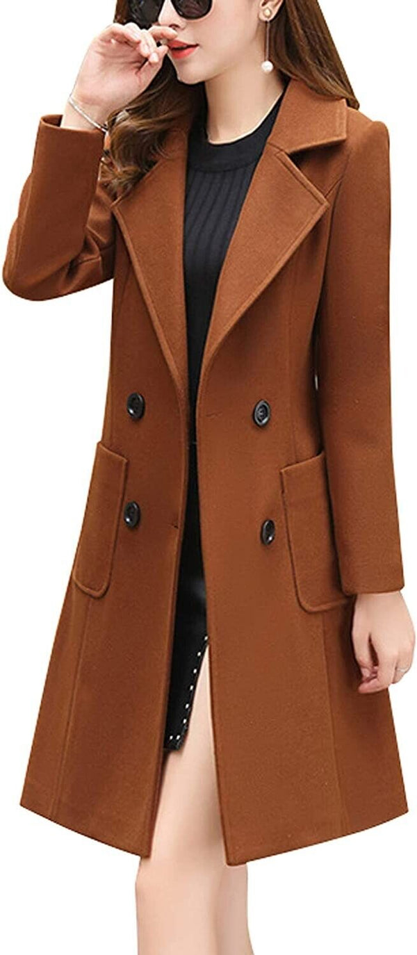 chouyatou Women Elegant Notched Collar Double Breasted Wool Blend Coat Brown XS