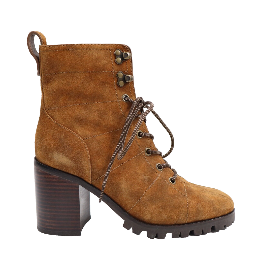 🔥Paige Christie Suede Ankle Heeled Combat Boots, Caramel Brown, 7US, MSRP$398🔥