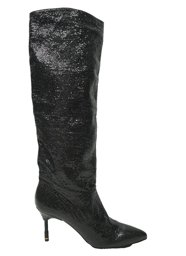 🔥NEW AllSaints Nori Shimmer Knee High Boots Metallic Black 9US/39EU MSRP $429🔥