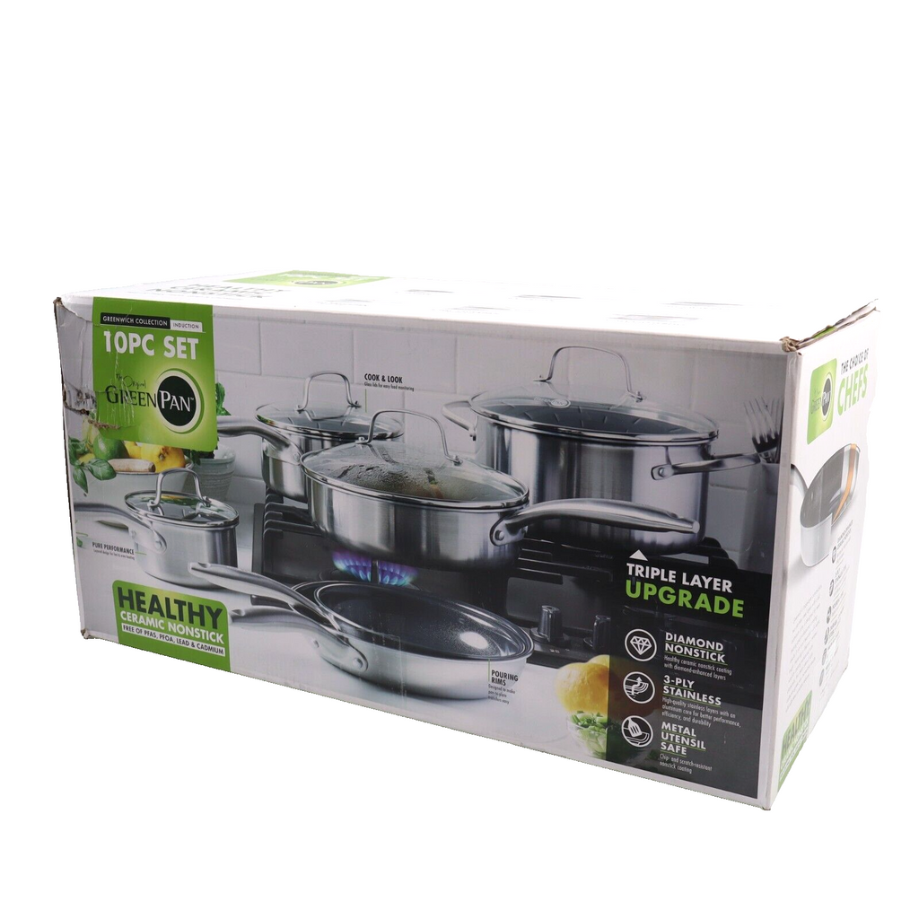 🔥GreenPan Greenwich 10pc Stainless Steel Cookware Set NEW OPEN BOX SHIPS TODAY