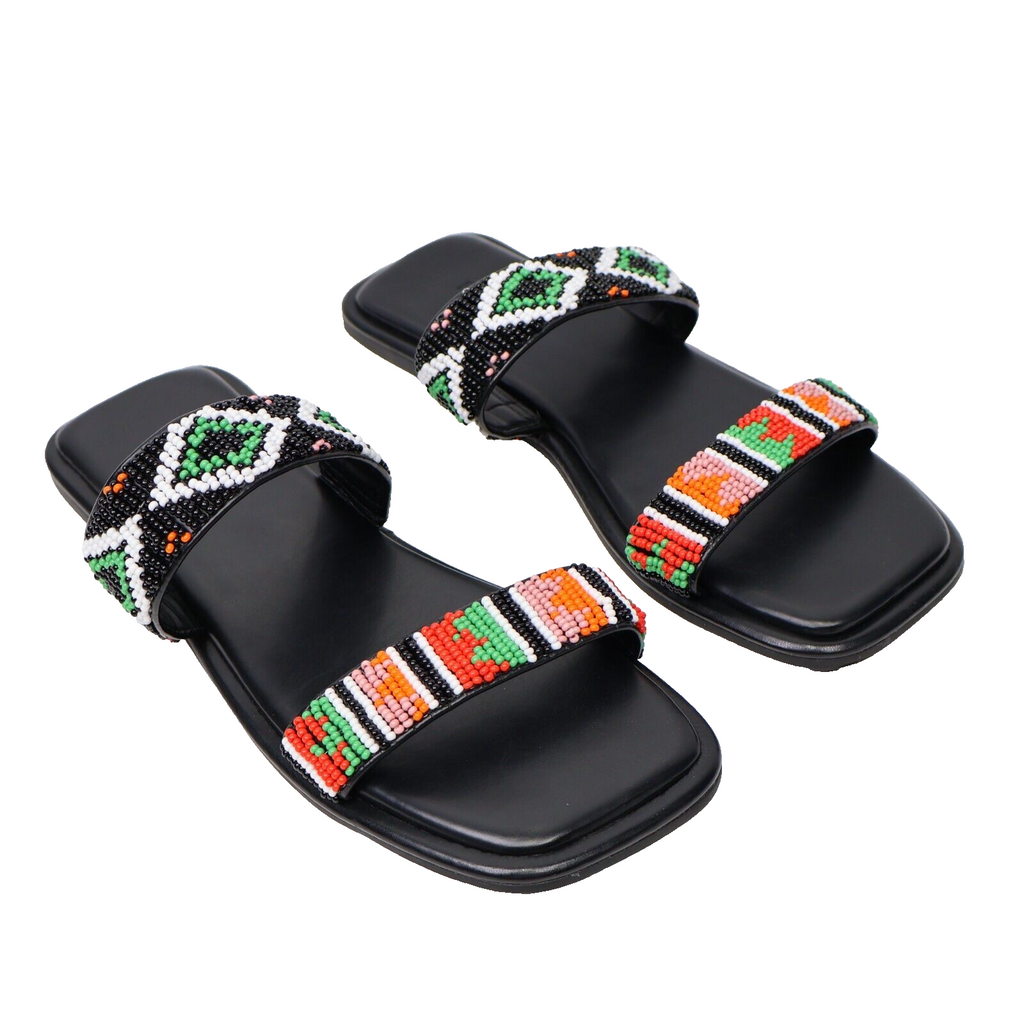 🔥Farm Rio Beaded Square Toe Slide Sandal, Black, 6US/36EU, MSRP $185 SHIPS NOW
