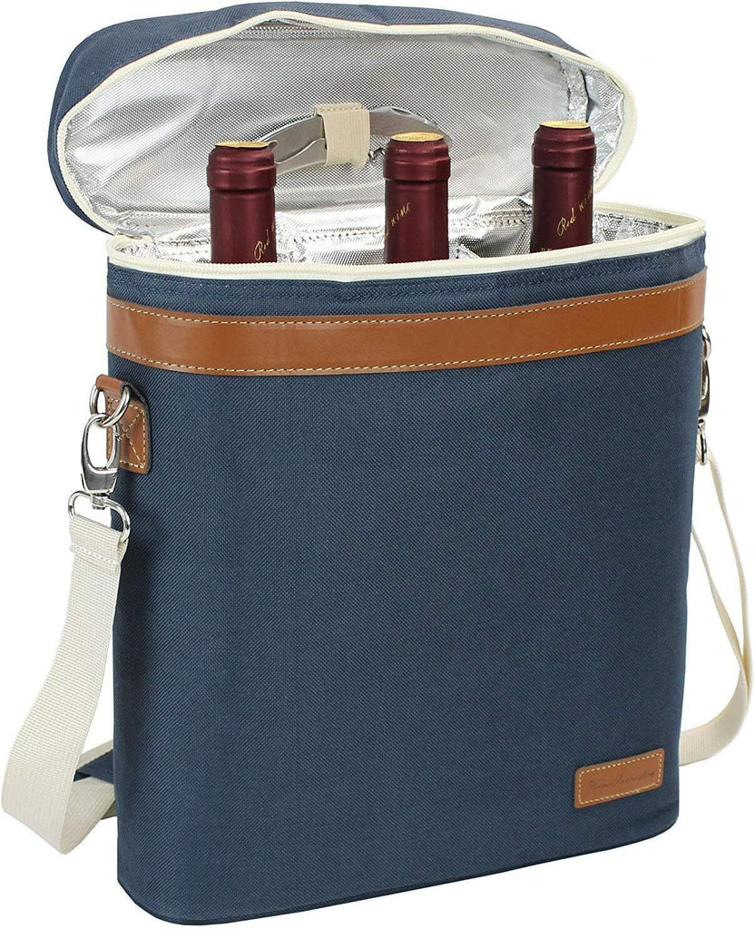 🔥ZORMY 3 Bottle Insulated Wine Tote Cooler Bag Portable Wine Carrier, Navy Blue