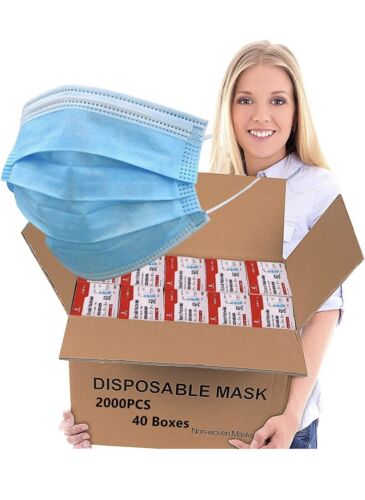 🔥2000pcs Blue 3-Ply Disposable Protective Face Masks Respirator 40BXs/50 Masks