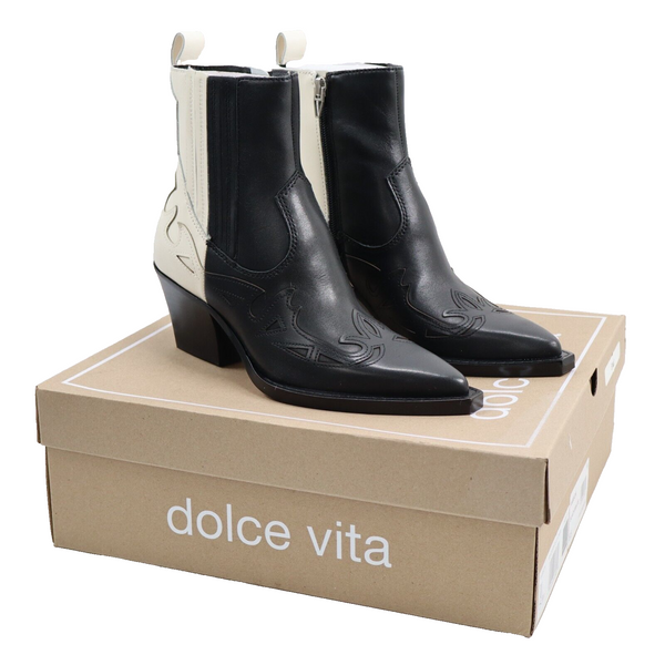 🔥NEW DOLCE VITA Beaux Western Boots Leather Chelsea Booties, Black/White, 5.5US