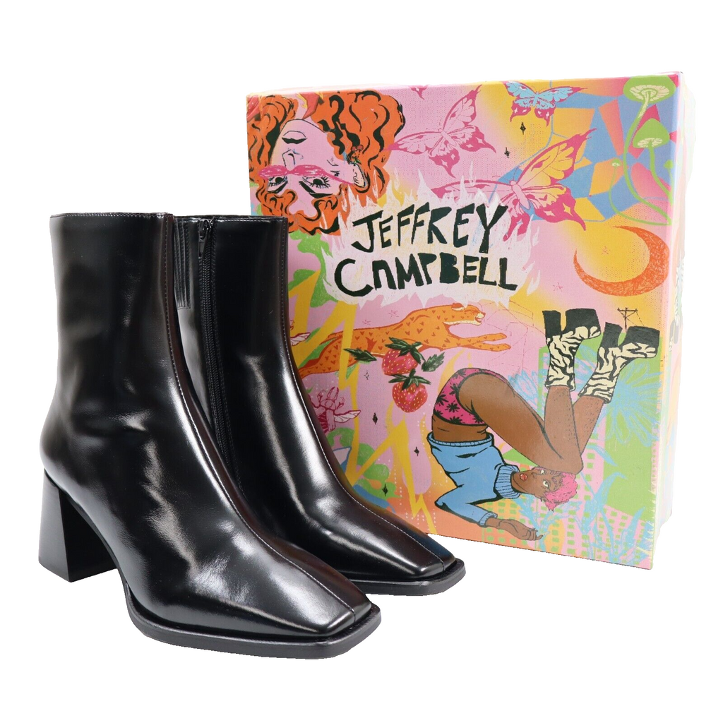 🔥Jeffrey Campbell Sherpal Block Heel Booties Square Toe Boots, Black 8US/38.5EU