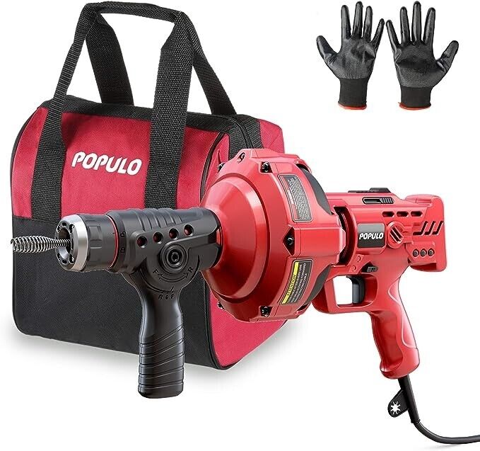 POPULO PEDC-23 Electric Drain Auger 23Ft Plumbing Clog Remover Red NEW SHIPS NOW