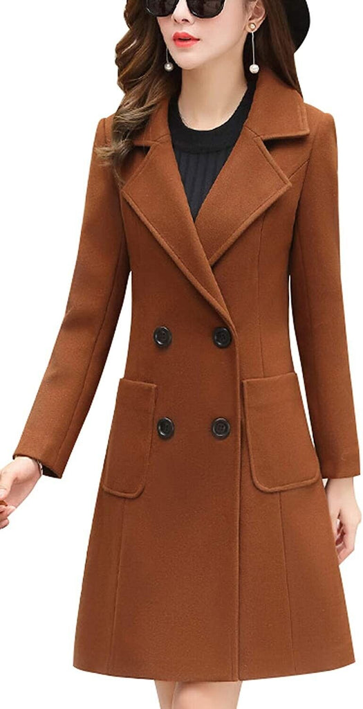 chouyatou Women Elegant Notched Collar Double Breasted Wool Blend Coat Brown XS