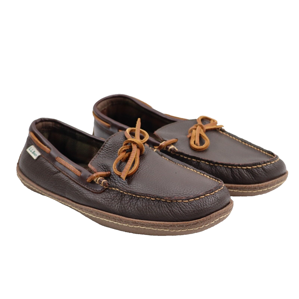 🔥NEW LL Bean Men's Hand Sewn Flannel Lined Slippers Brown Leather Moccasin 11US
